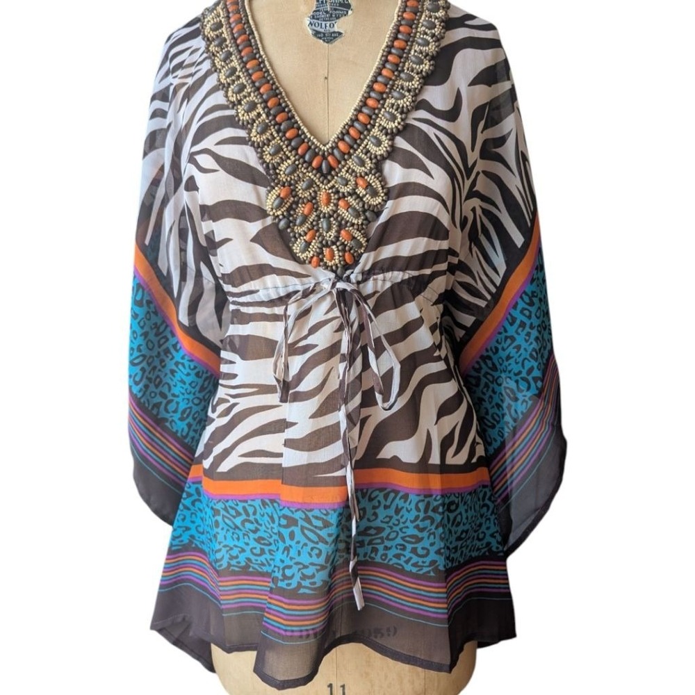 Boston Proper Swim Cover Up Brown Teal Animal Print Beaded Kaftan XS Resortwear